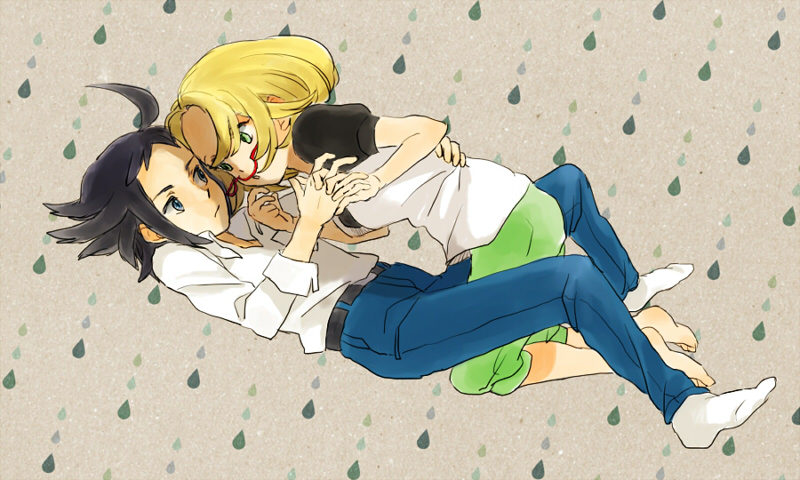1girl, ahoge, barefoot, bel_(pokemon), black_hair, blonde_hair, capri_pants, cheren_(pokemon)