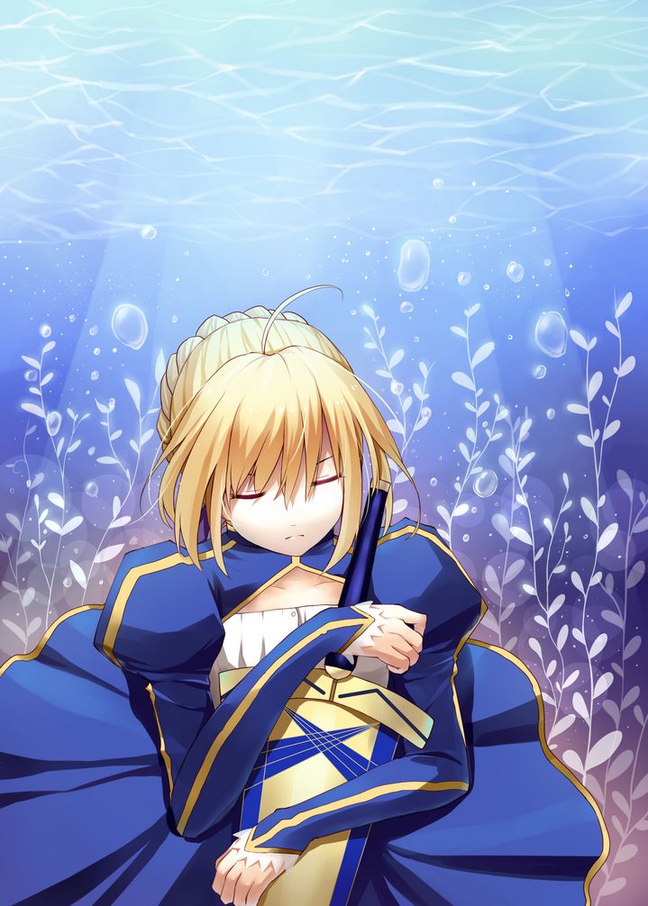 ahoge, avalon_(fate/stay_night), bad_id, blonde_hair, caustic_lighting, closed_eyes, dress, excalibur, eyes_closed, fate/zero, fate_(series), pawnluoluo, saber, sheath, sheathed, sword, underwater, weapon