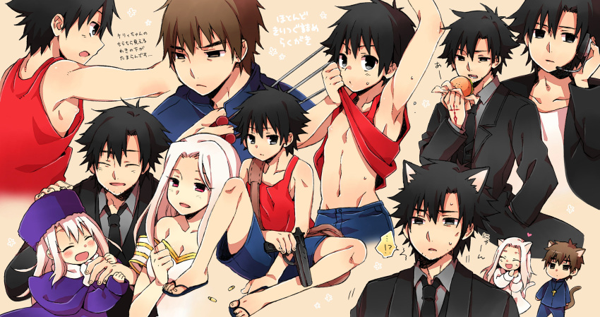 animal_ears, black_eyes, black_hair, black_keys, brown_eyes, brown_hair, cat_ears, cat_tail, chibi, child, emiya_kiritsugu, family, fate/zero, fate_(series), food, gun, hamburger, hat, highres, hs09022004, illyasviel_von_einzbern, irisviel_von_einzbern, kotomine_kirei, long_hair, multiple_persona, red_eyes, tail, tank_top, teenage, weapon, white_hair, young