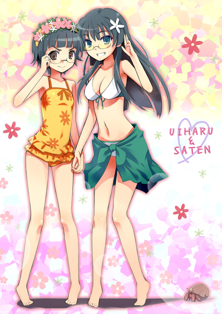 barefoot, bespectacled, bikini, front-tie_top, glasses, multiple_girls, osa_(artist), osa_(osaosa)
