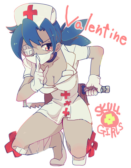 bandage, bandages, blue_hair, body_blush, breasts, character_name, cleavage, eyepatch, flats, gloves, hat, nurse, nurse_cap, pale_skin, ponytail, rawan, red_eyes, saw, simple_background, skullgirls, solo, squatting, surgical_mask, title_drop, valentine_(skullgirls), weapon, white_background, white_glove, white_gloves