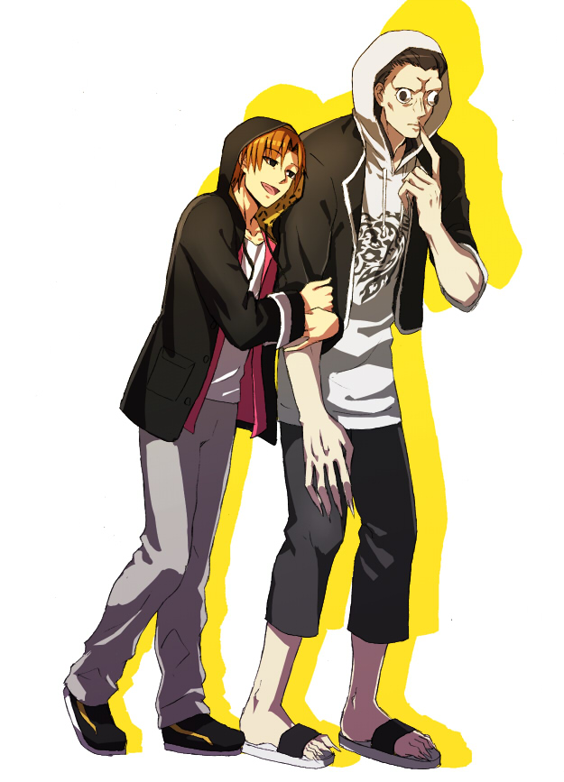 2boys, asurafkmt, black_eyes, black_hair, brown_hair, caster_(fate/zero), casual, fate/zero