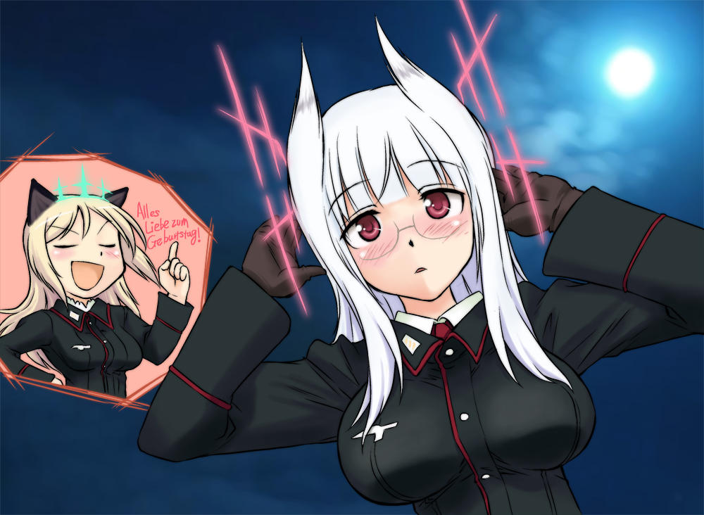 animal_ears, blush, cat_ears, cloud, female, full_moon, german, glasses, heidimarie_w_schnaufer, heinrike_prinzessin_zu_sayn-wittgenstein, military, military_uniform, miritsu, mirutsu_(milts), moon, multiple_girls, night, night_sky, red_eyes, sky, strike_witches, text, translated, uniform, white_hair