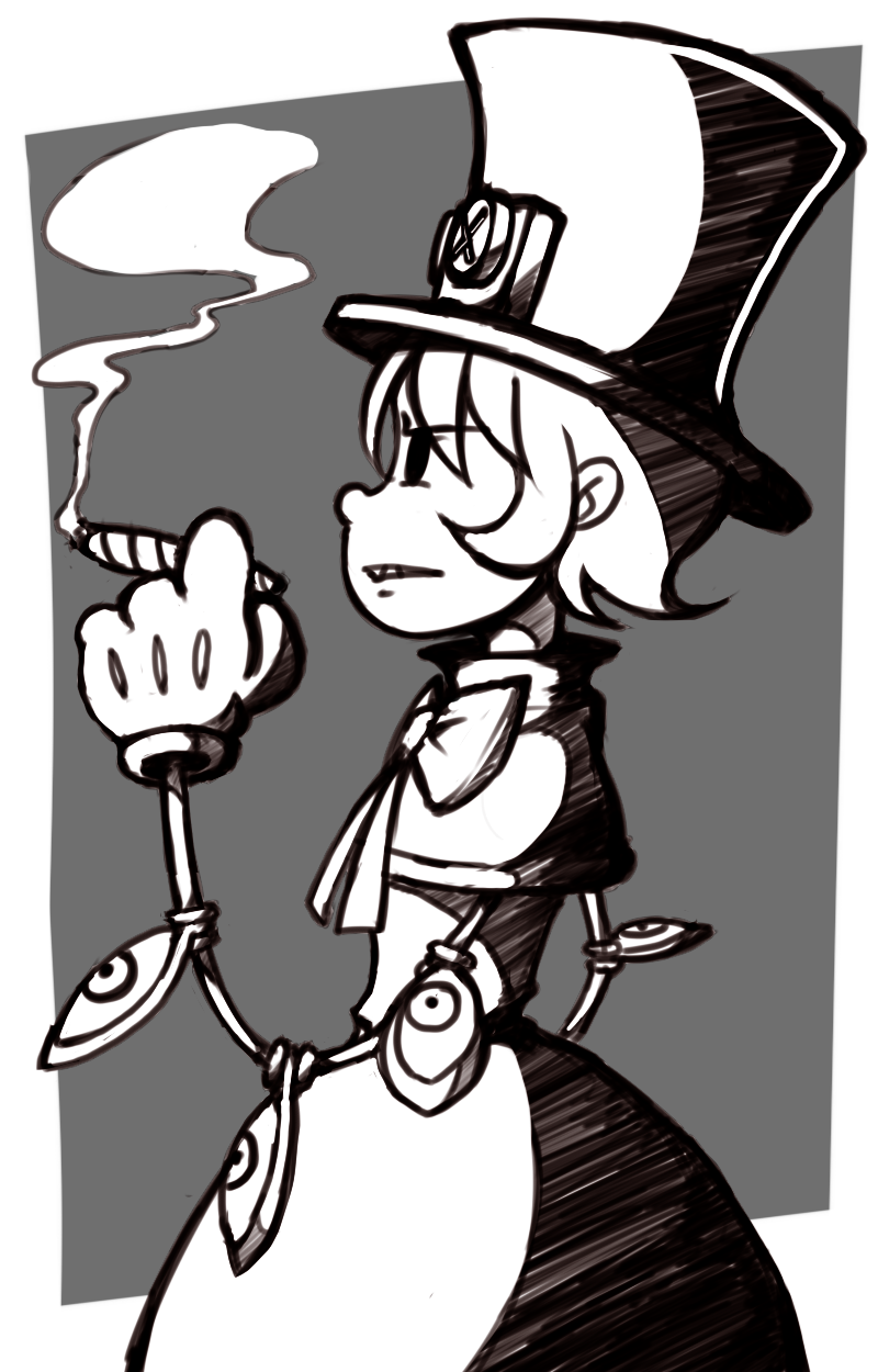 bow, bowtie, capelet, cigar, dress, eyes, gloves, greyscale