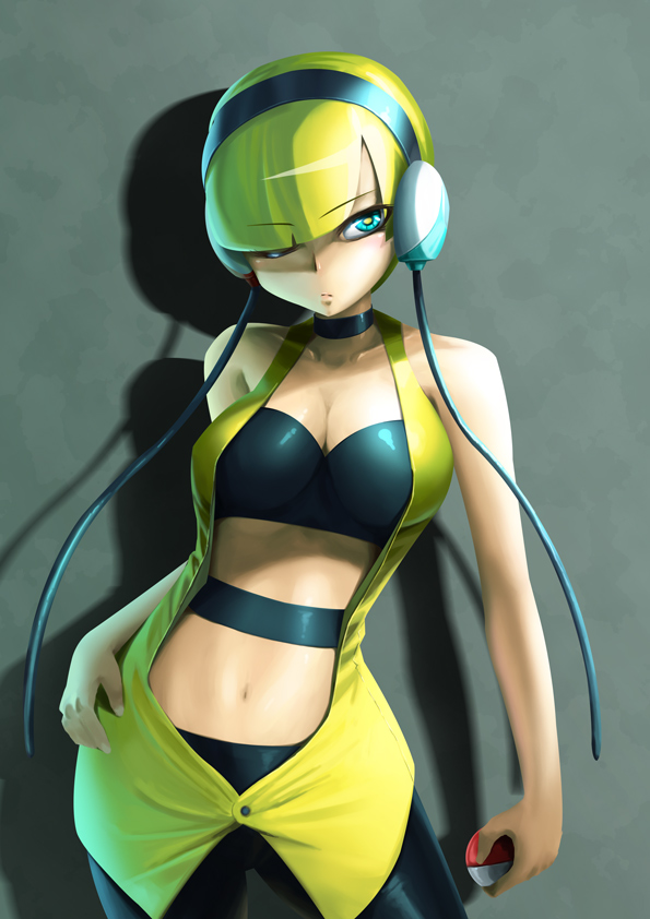 bare_shoulders, blonde_hair, blue_eyes, breasts, buttons, cable, choker, cleavage, cowboy_shot, hand_on_hip, headphones, hips, hokuto_shinken, holding, holding_poke_ball, kamitsure_(pokemon), looking_away, navel, pantyhose, poke_ball, pokemon, pokemon_(game), pokemon_bw, posing, shadow, short_hair, solo, wink