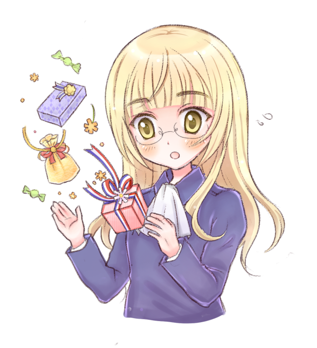 blonde_hair, candy, gift, military, military_uniform, perrine_h_clostermann, solo, strike_witches