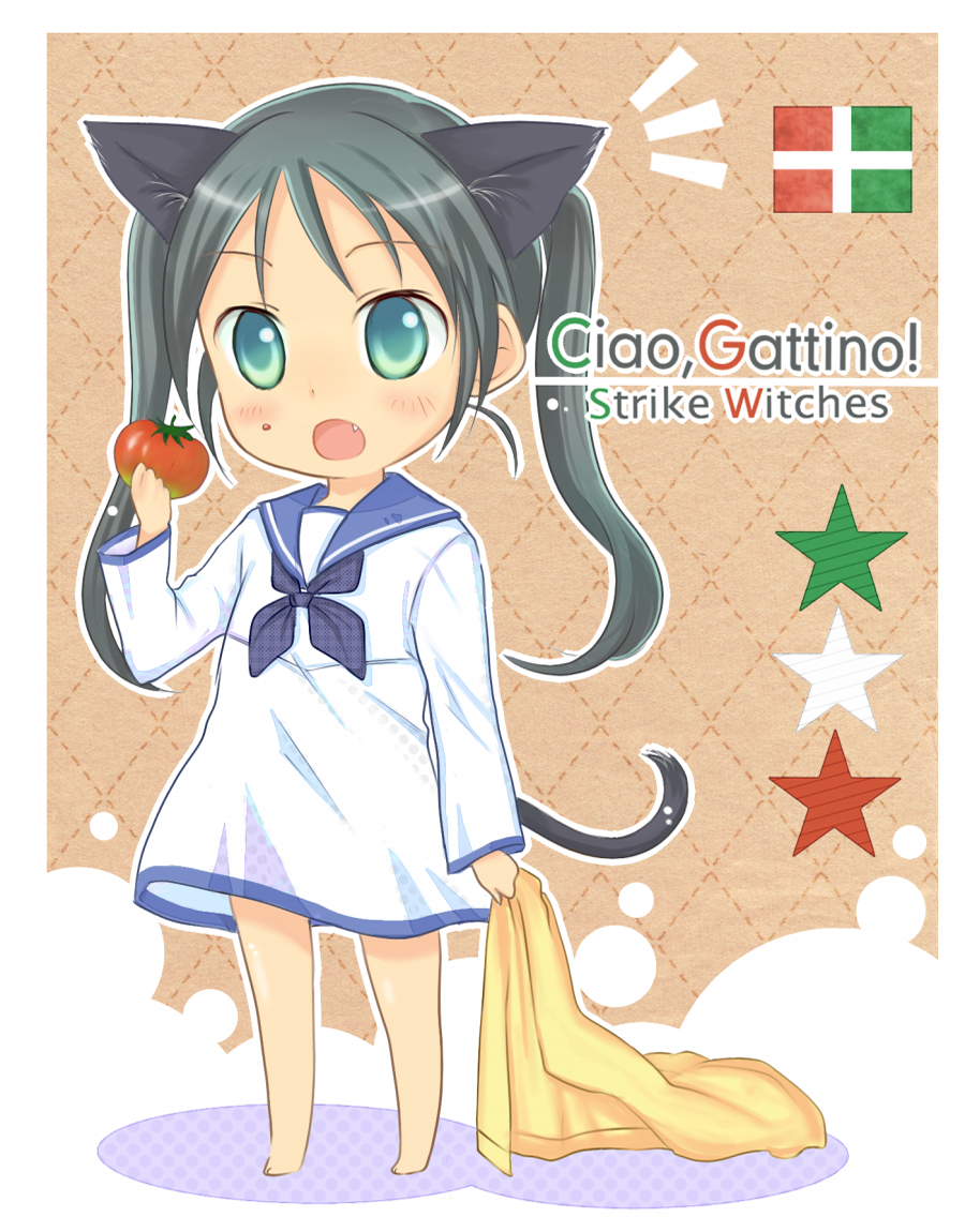 aqua_eyes, black_hair, blanket, cat_ears, cat_tail, eating, fang, food