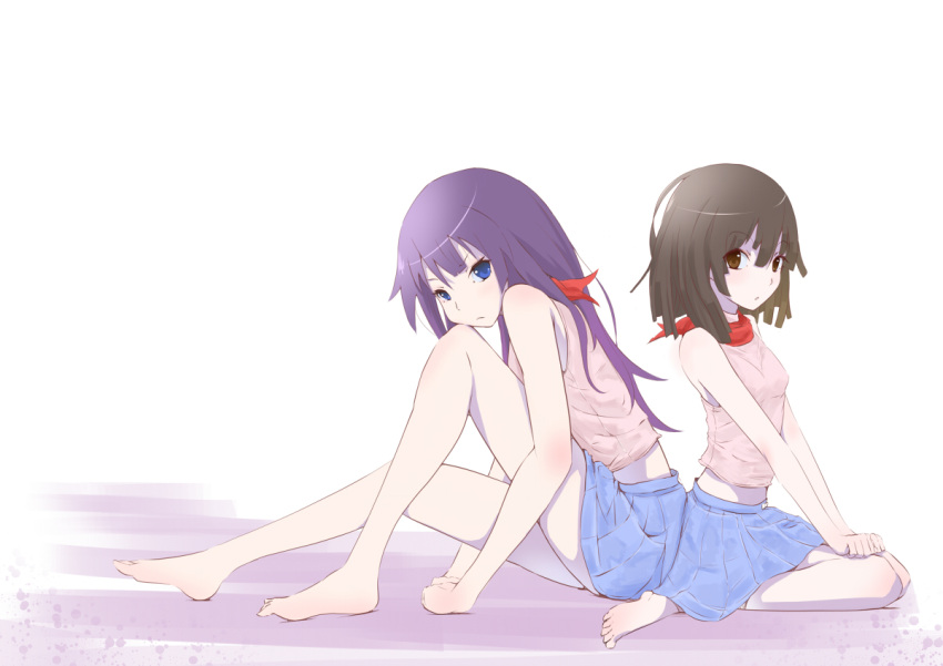 araragi_karen, araragi_karen_(cosplay), ascot, back-to-back, barefoot, blue_eyes, brown_eyes, brown_hair, casual, cosplay, gnosis_(ylyk), long_hair, midriff, monogatari_(series), multiple_girls, nisemonogatari, purple_hair, sengoku_nadeko, senjougahara_hitagi, skirt