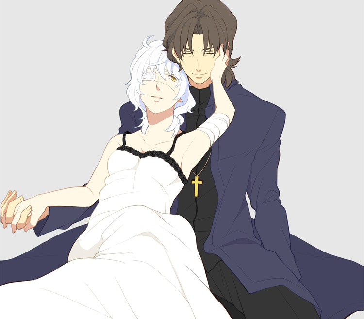 1girl, bandage, bandages, brown_hair, claudia_hortensia, claudia_ortensia, couple, cross