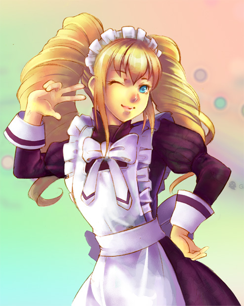 apron, blonde_hair, blue_eyes, dance_dance_revolution, drill_hair, hand_on_hip, maid, maid_headdress