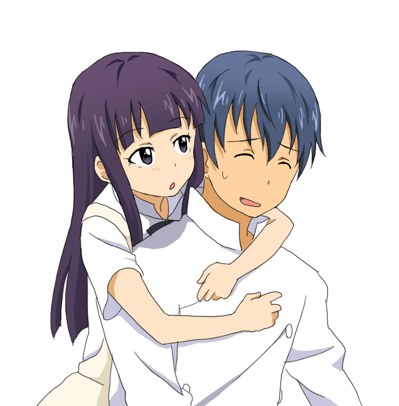 1girl, apron, black_eyes, blue_hair, competition_swimsuit, donrima, hug, long_hair