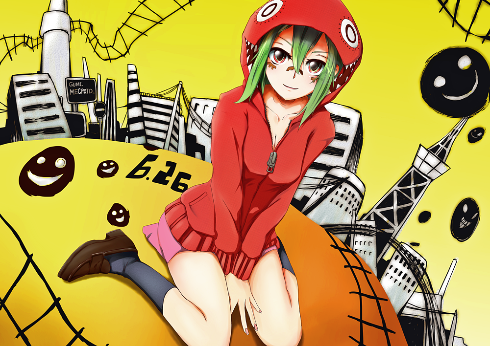 breasts, cleavage, facial_mark, green_hair, gumi, hood, hoodie, matryoshka_(vocaloid), scary_v2, shoes, sitting, skirt, socks, solo, v_arms, vocaloid, wariza, yellow_eyes, zipper