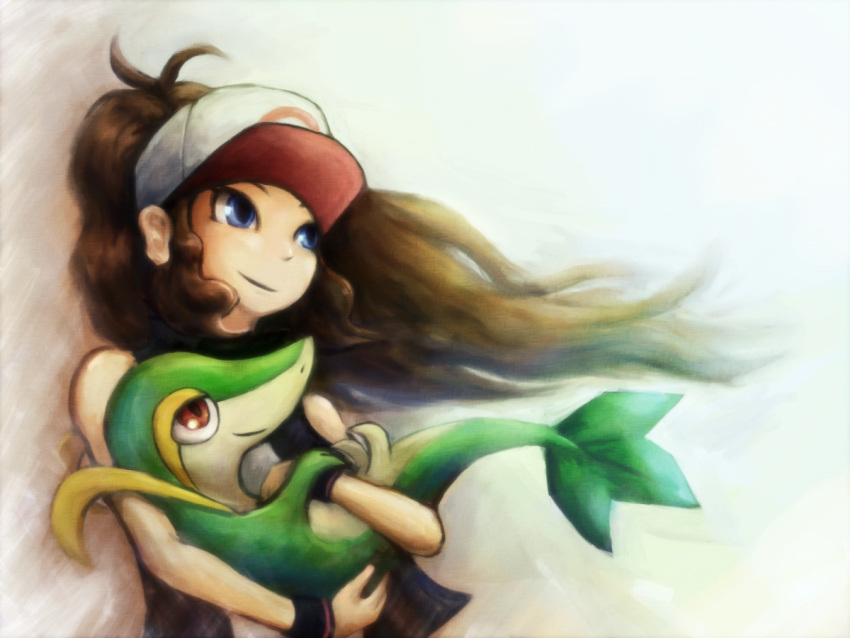 1girl, baseball_cap, blue_eyes, brown_hair, hat, holding, hunger, long_hair, pokemon, pokemon_(creature), pokemon_(game), ponytail, red_eyes, smile, snivy, touko_(pokemon)