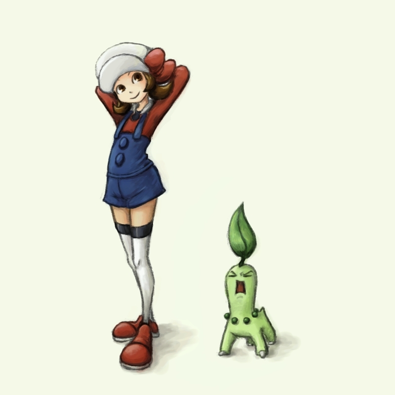 1girl, arms_behind_head, arms_up, bow, brown_eyes, brown_hair, chikorita, hat