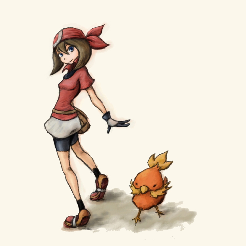 1girl, bag, bandana, bandanna, bike_shorts, blue_eyes, brown_hair, gloves