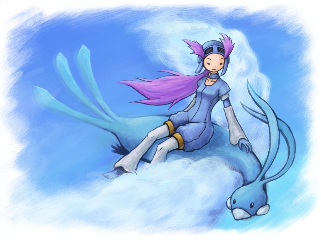 1girl, altaria, blue_sky, female, flying, gloves, goggles, goggles_on_head