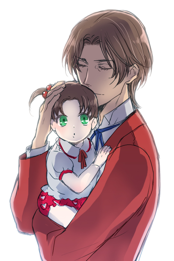 1boy, 1girl, age_difference, baby, brown_hair, closed_eyes, cute, eyes_closed, facial_hair, fate/zero, fate_(series), father_and_daughter, formal, goatee, green_eyes, jonohara, side_ponytail, suit, tohsaka_rin, tohsaka_tokiomi, toosaka_rin, toosaka_tokiomi, young