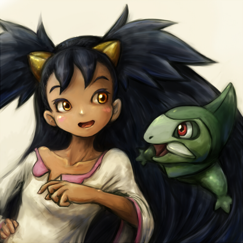 1girl, axew, big_hair, black_hair, blush, brown_eyes, dark_skin, gym_leader