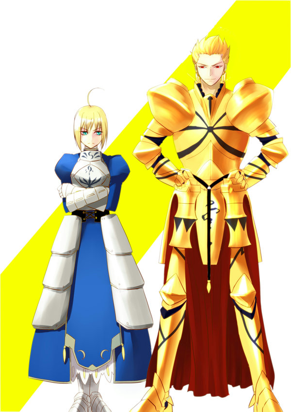 1boy, 1girl, ahoge, armor, armored_dress, blonde_hair, crossed_arms, dress, earrings, fate/zero, fate_(series), faulds, gauntlets, gilgamesh, green_eyes, hair_ribbon, hands_on_hips, jewelry, ng7u6t, red_eyes, ribbon, saber
