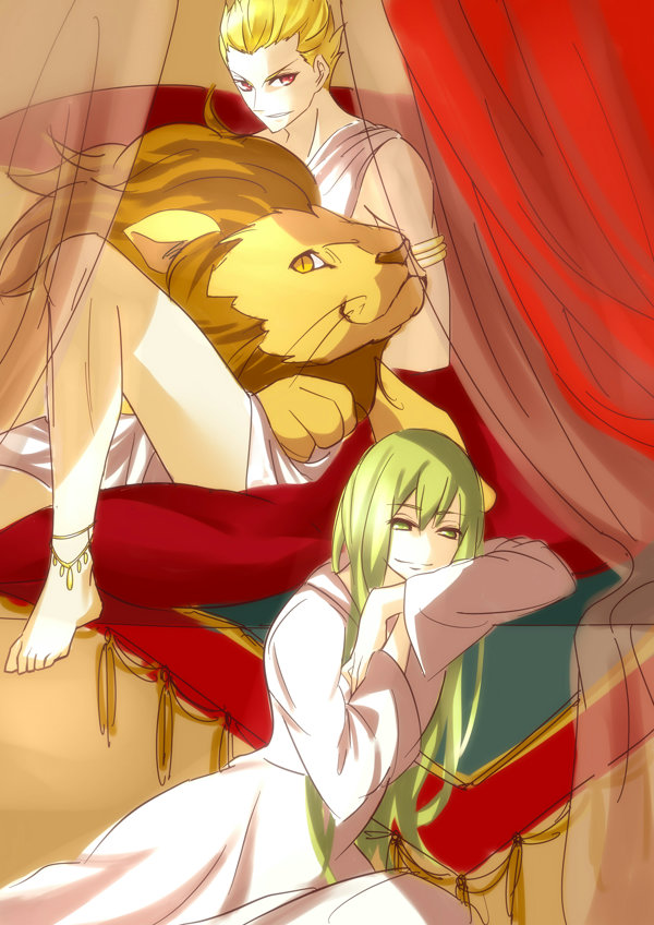 2boys, barefoot, blonde_hair, curtains, fate/strange_fake, fate/zero, fate_(series), green_eyes, green_hair, lion, long_hair, multiple_boys, ng7u6t, red_eyes, robe, toga