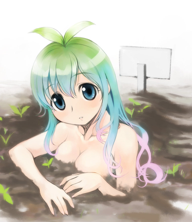 aqua_eyes, aqua_hair, breasts, cleavage, gradient_hair, green_hair, ikeda_jun, leaf