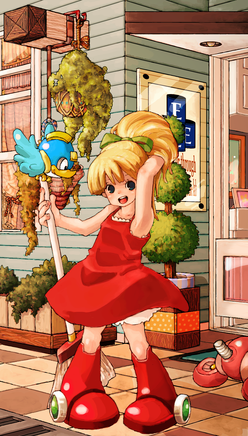 armpits, arremora, bare_shoulders, beat_(rockman), bird, blonde_hair, blue_eyes, boots, broom, capcom, dog, dress, hair_ribbon, highres, open_mouth, ponytail, red_dress, ribbon, rockman, rockman_(classic), roll, rush_(rockman)