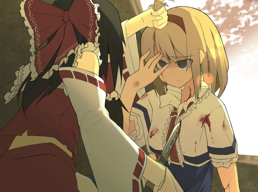 alice_margatroid, black_hair, blonde_hair, blood, blue_eyes, bow, capelet, detached_sleeves