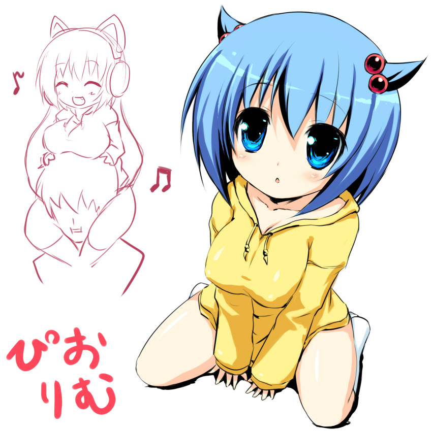 1girl, 2-g, animal_ears, blue_eyes, blue_hair, blush, breast_rest, breasts