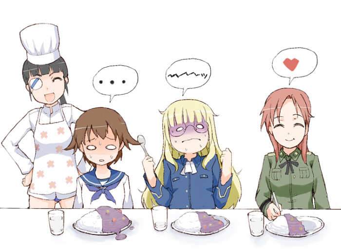 4girls, apron, bad_food, black_hair, blonde_hair, brown_hair, chef_hat, chinchilla