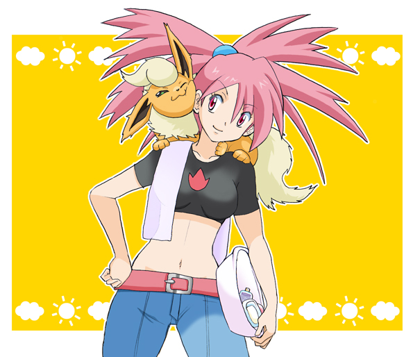 1girl, :3, asuna_(pokemon), belt, big_hair, breasts, carrying, crop_top