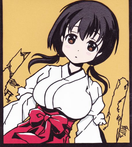 blush, breasts, brown_eyes, goncccc, japanese_clothes, jindai_komaki, large_breasts, miko, saki, solo, traditional_media, twintails