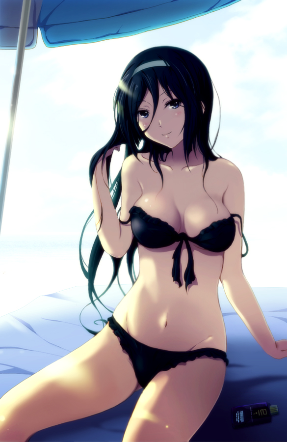 arm_support, beach_umbrella, bikini, black_hair, blue_eyes, blush, breasts, frilled_bikini
