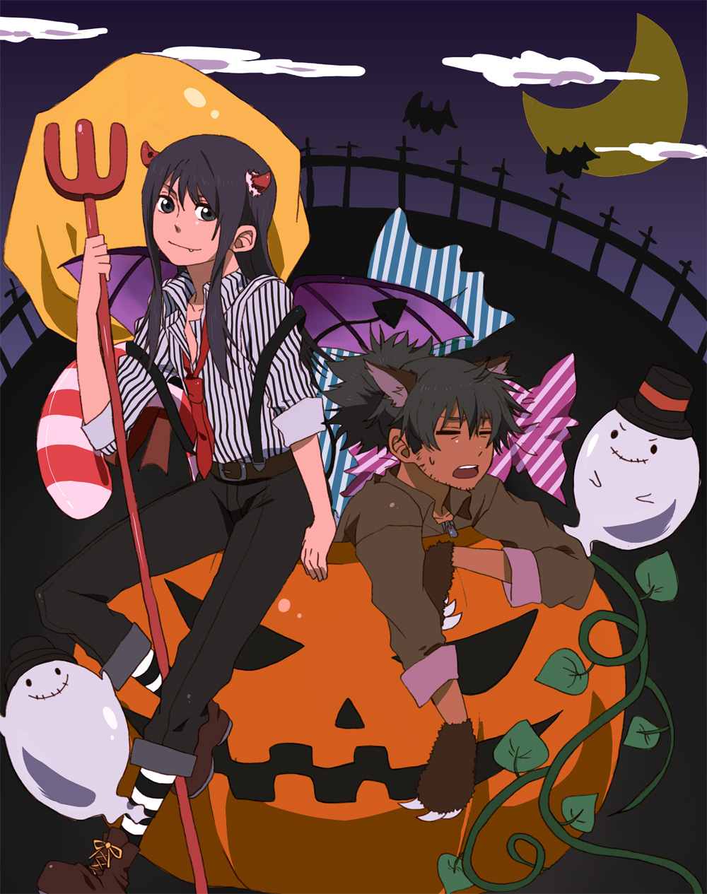 animal_ears, arm_support, bad_id, black_hair, candy, claws, closed_eyes, cloud, clouds, crescent_moon, devil, eyes_closed, fang, ghost, halloween, highres, horns, jack-o'-lantern, jack-o'-lantern, leaf, long_hair, male, moon, multiple_boys, necktie, night, night_sky, open_mouth, polearm, raven, raven_(tov), sasayama_panda, shirt, short_hair, sitting, sittng, sky, suspenders, tales_of_(series), tales_of_vesperia, tears, trident, weapon, werewolf, yuri_lowell
