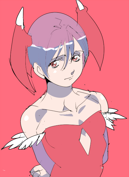 arms_behind_back, bangs, bare_shoulders, bat_wings, bridal_gauntlets, bust, collarbone, crossed_arms, demon_girl, flat_chest, fur_trim, hair_between_eyes, head_wings, iie-kefia, leotard, lilith_aensland, looking_at_viewer, orange_eyes, purple_hair, red_background, red_eyes, rough, short_hair, simple_background, solo, succubus, vampire_(game), wings