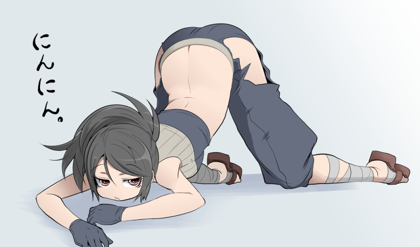 ayame, back, bandage, bandages, bare_shoulders, black_hair, butt_crack, gloves