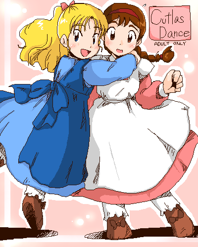 4040_(artist), ai_no_wakakusa_monogatari, amy_march, blonde_hair, brown_hair, dress, elizabeth_march, hug