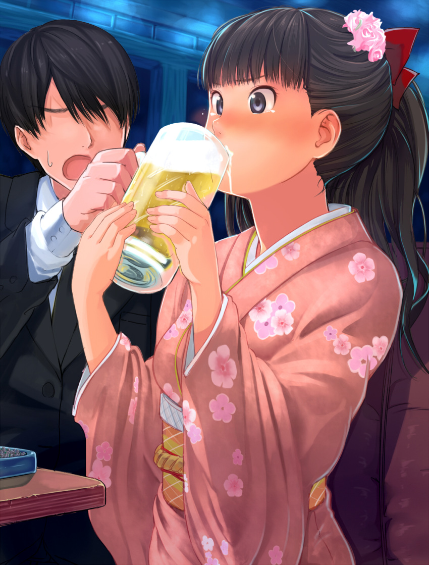 1girl, amagami, ayatsuji_tsukasa, beer, black_hair, blue_eyes, blush, drinking