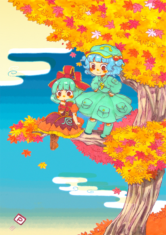 blue_hair, blush, bow, brown_eyes, cloud, clouds, cross-laced_footwear, egasumi