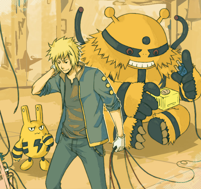 1boy, blonde_hair, cable, denji_(pokemon), electivire, elekid, gloves, gym_leader