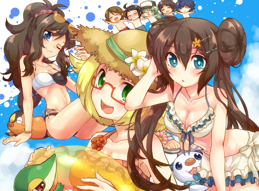 3girls, 5boys, barrette, bel_(pokemon), bikini, bikini_skirt, blonde_hair, blue_eyes