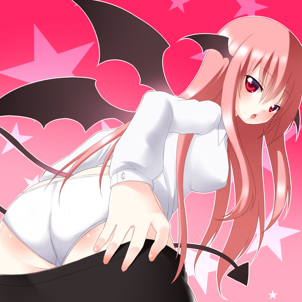 blush, demon_tail, demon_wings, head_wings, hikataso, koakuma, long_hair, long_sleeves, open_mouth, panties, red_eyes, red_hair, redhead, solo, tail, touhou, underwear, undressing, very_long_hair, white_panties, wings