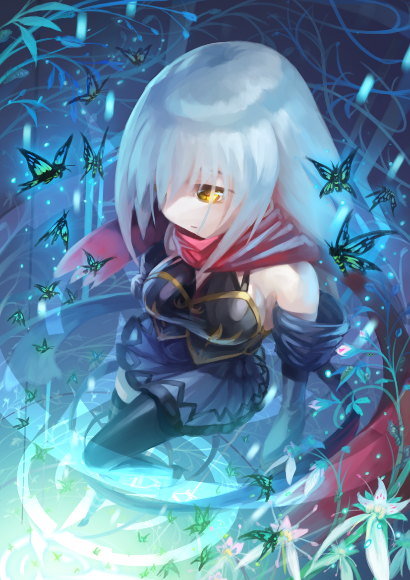 butterfly, hokuto_shinken, long_hair, original, scarf, solo, thigh-highs, thighhighs, white_hair, yellow_eyes