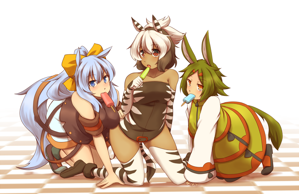 all_fours, animal_ears, black_hair, blue_eyes, blue_hair, boots, bow, breasts