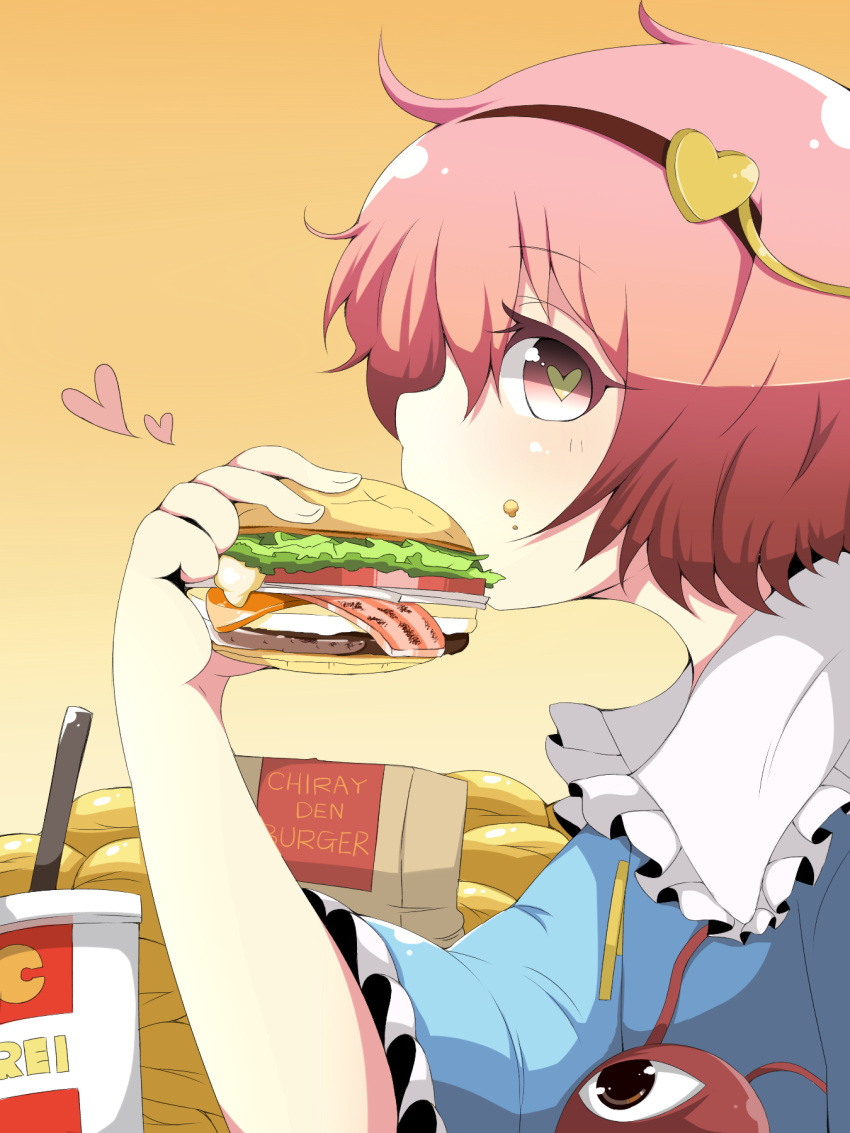 drink, eating, fastfood, food, hairband, hamburger, heart, heart-shaped_pupils, highres, komeiji_satori, long_sleeves, pin_hair, pink_eyes, pink_hair, profile, short_hair, solo, symbol-shaped_pupils, third_eye, touhou, tsukigi