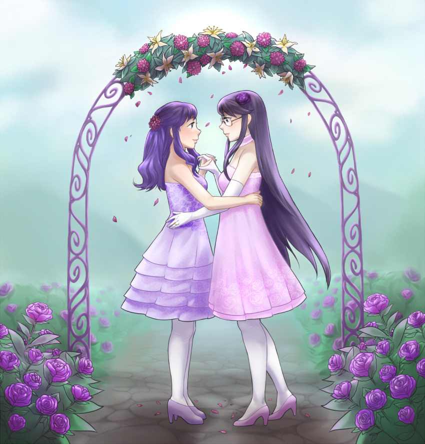 black_hair, blue_hair, choker, couple, dress, elbow_gloves, eye_contact, flower