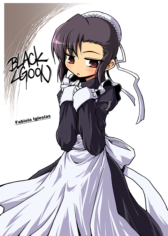 1girl, apron, black_hair, black_lagoon, brown_eyes, character_name, fabiola_iglesias, gloves, hair_bun, hidaka_makoto, maid, solo, title_drop, wrist_cuffs