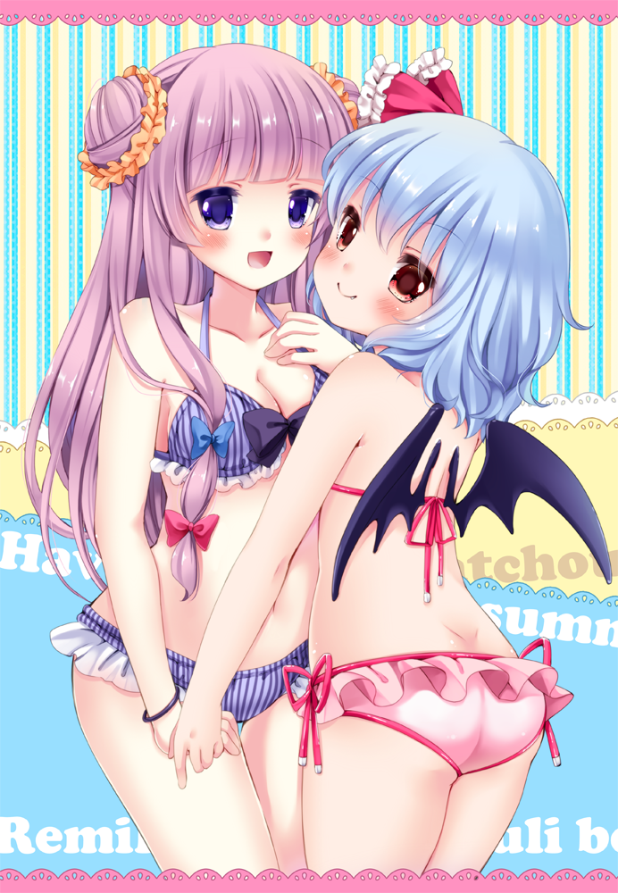 :d, ass, bat_wings, bikini, blue_hair, blush, bracelet, breasts