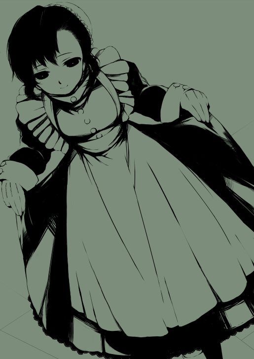 1girl, apron, black_lagoon, bun_cover, curtsey, fabiola_iglesias, hair_bun, monochrome, nakayama_naka, short_hair, solo