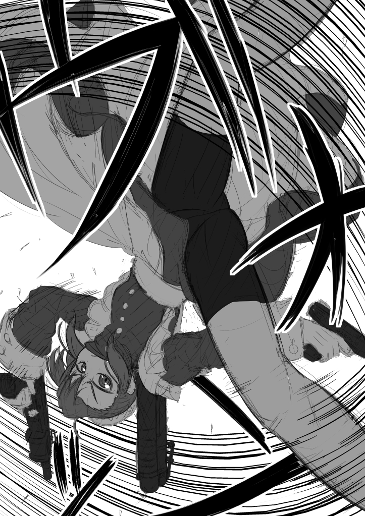 1girl, bangs, bike_shorts, black_lagoon, bun_cover, dual_wielding, fabiola_iglesias, fringe