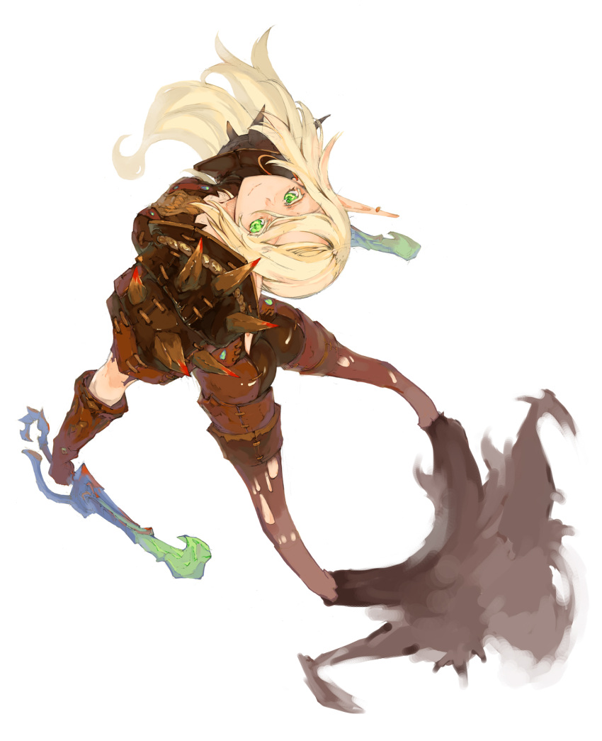 arched_back, armor, ass, blonde_hair, dual_wielding, elf, gauntlets, green_eyes, highres, long_hair, looking_at_viewer, pauldrons, pointy_ears, simple_background, solo, spikes, sword, warcraft, weapon, white_background, world_of_warcraft, zutta